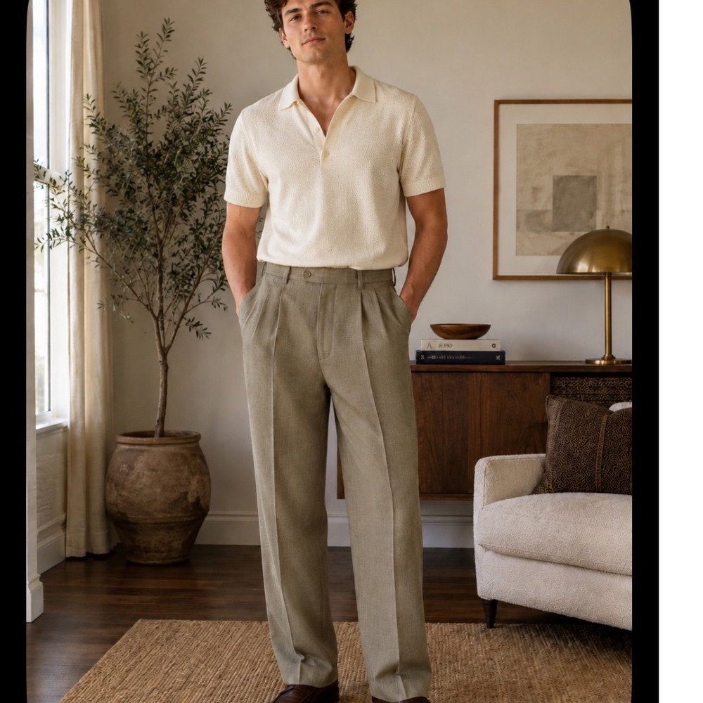 Valentino Uomo Pants Mens 36 Olive Taupe 100% Wool Pleated Straight Leg Italy